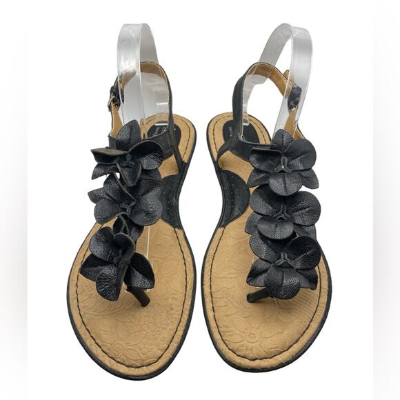 b.o.c. Shoes - B.O.C. Boho Festival Black Leather Flower Ankle Strap Thong Sandals Size 10